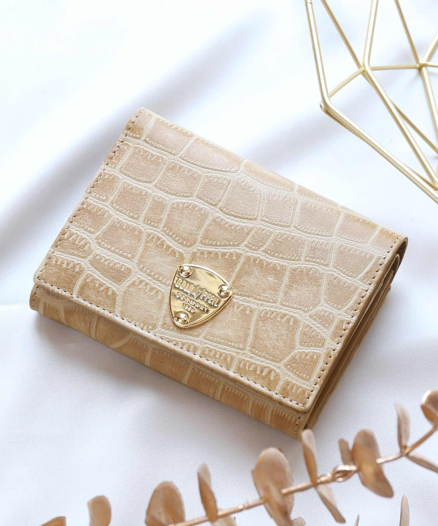 サンキョウショウカイ 三京商会 [GOLD PFEIL]クロコ型押し二つ折り財布,ベージュ