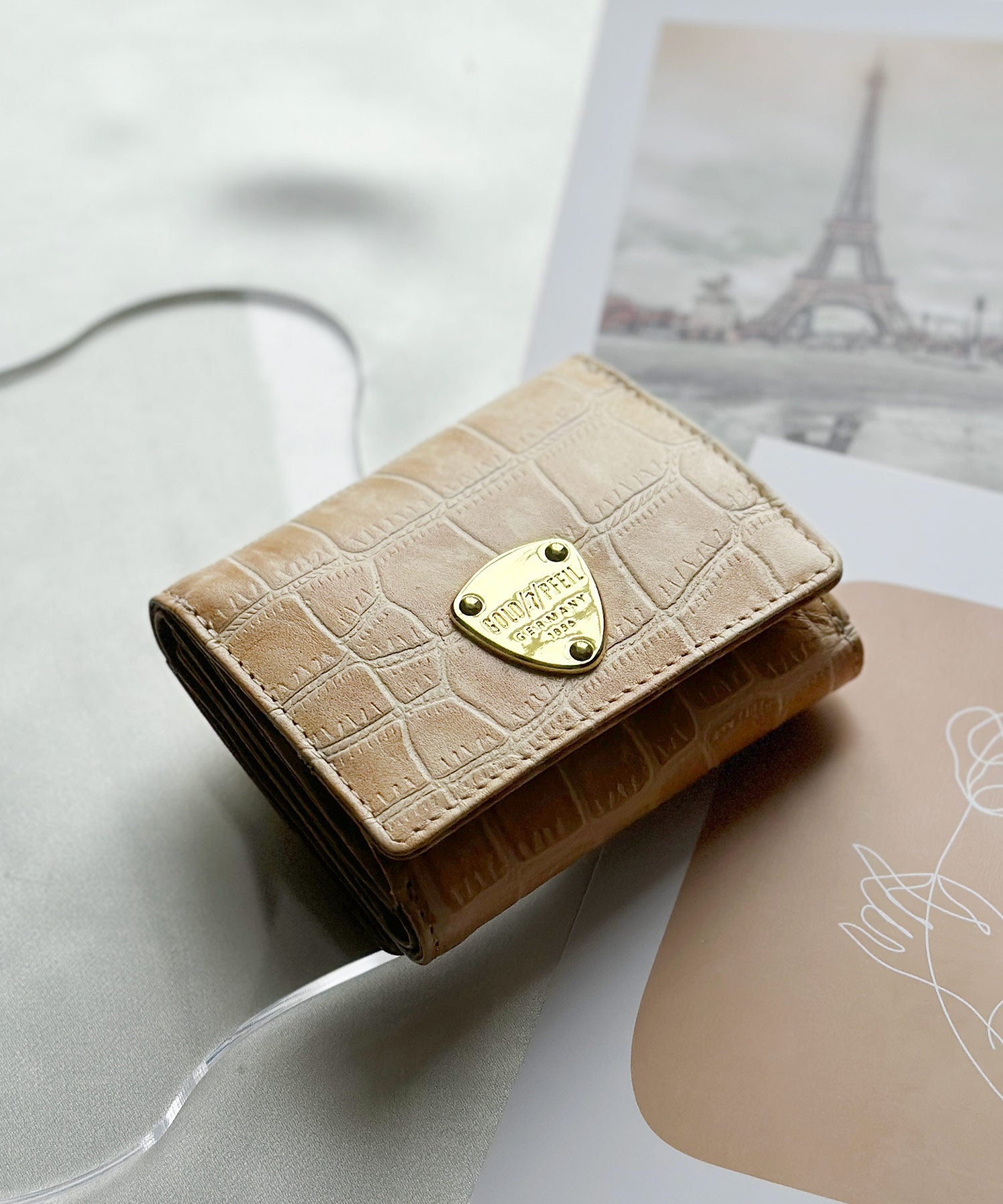 サンキョウショウカイ 三京商会 [GOLD PFEIL]クロコ型押し三つ折り財布,ベージュ