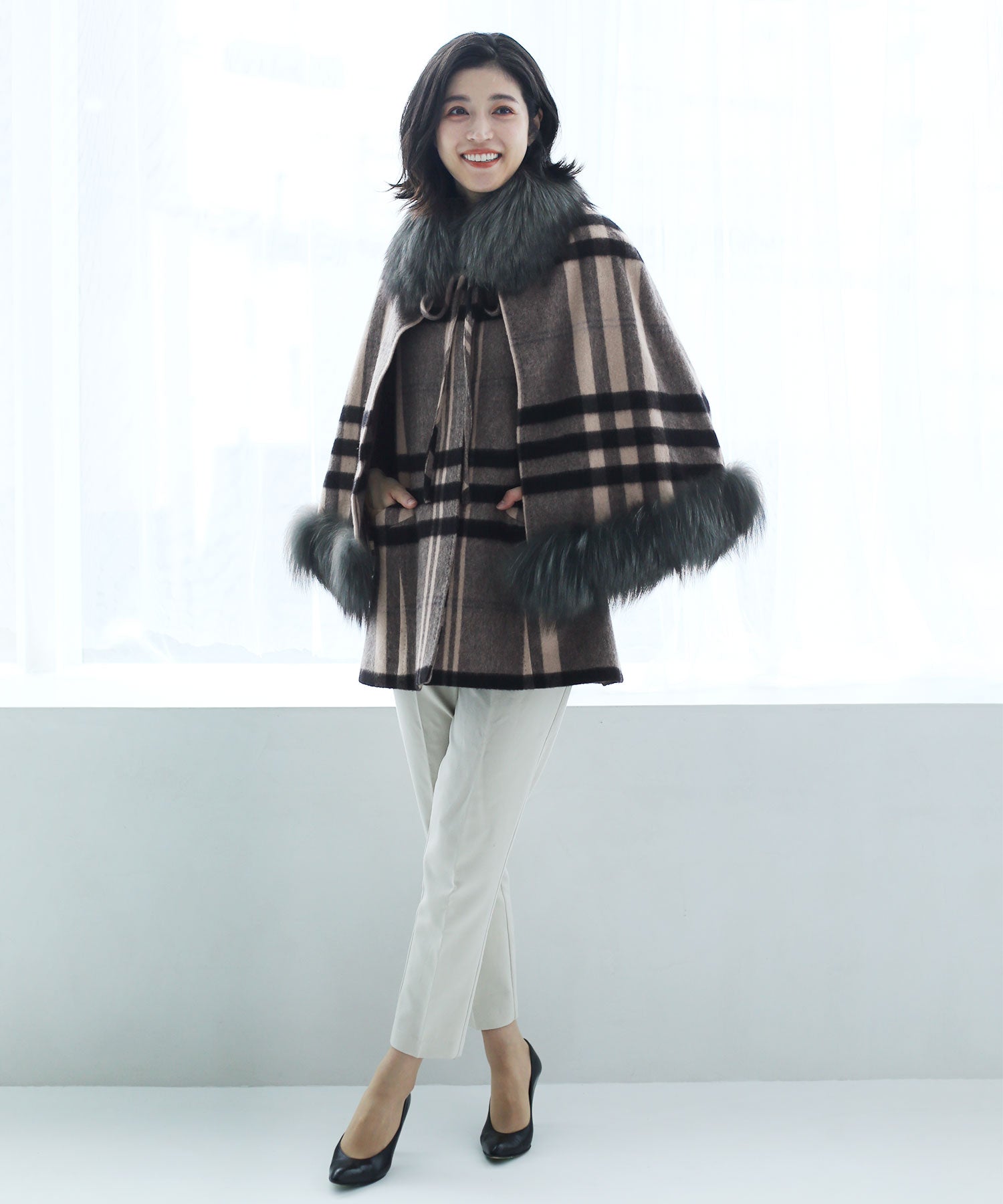 Sankyo Shokai cashmere Cape Coat Tartan Check