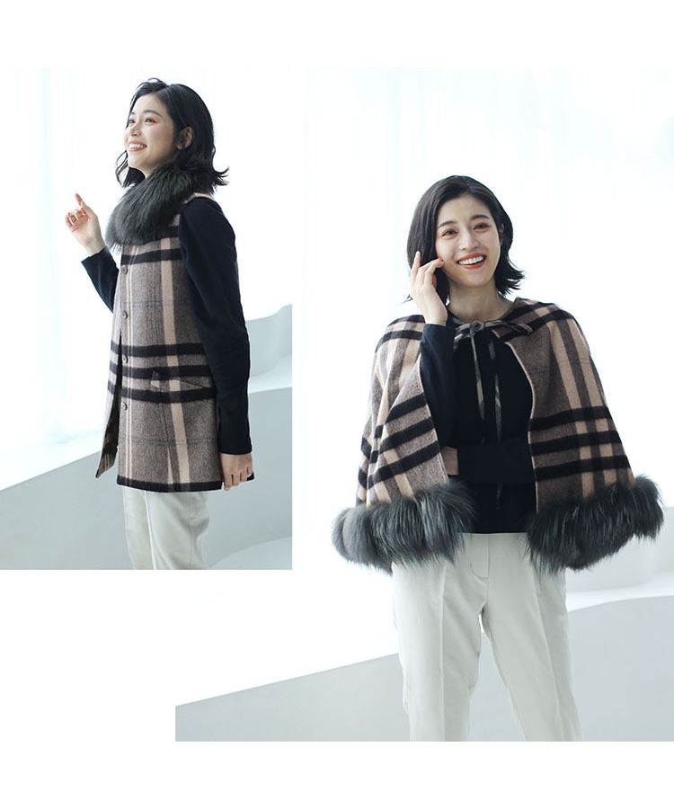 Sankyo Shokai cashmere Cape Coat Tartan Check