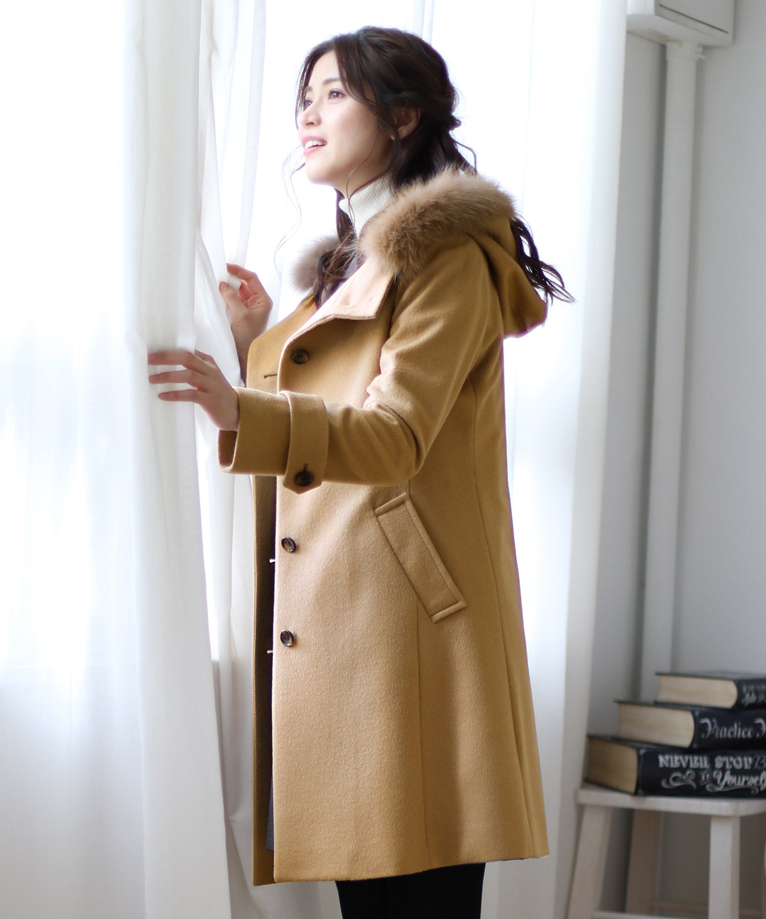 サンキョウショウカイ 三京商会 [Filomo]ウール＆カシミヤコートファーフード付き,キャメル