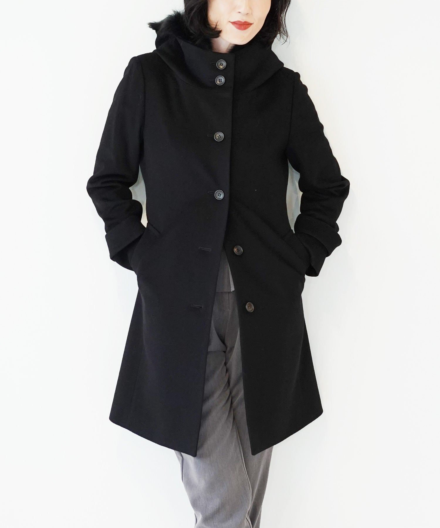 サンキョウショウカイ 三京商会 [Filomo]ウール＆カシミヤコートファーフード付き,ブラック