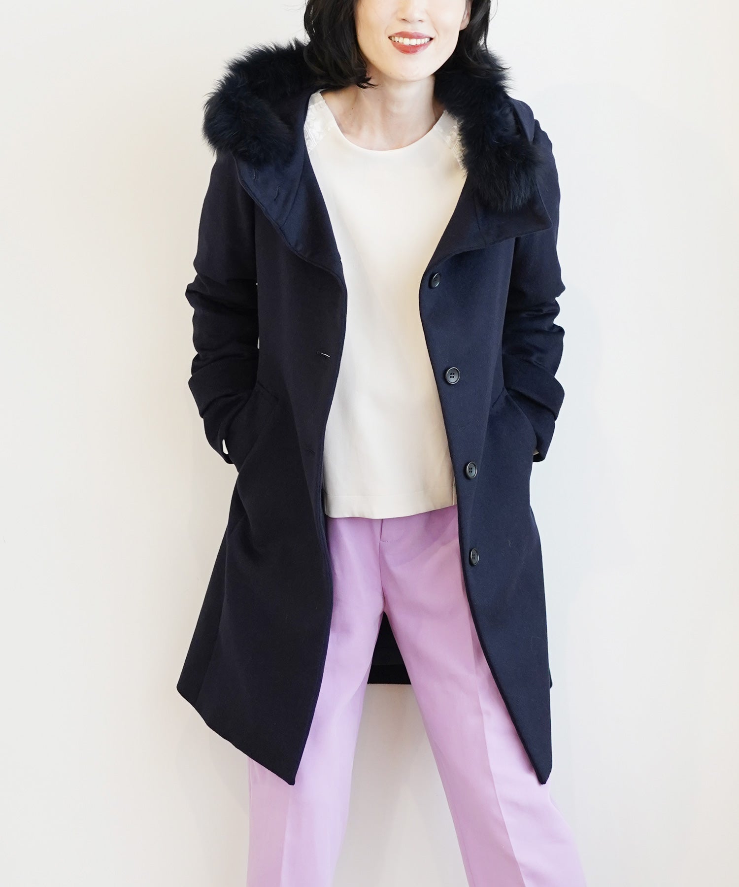 サンキョウショウカイ 三京商会 [Filomo]ウール＆カシミヤコートファーフード付き,ネイビー