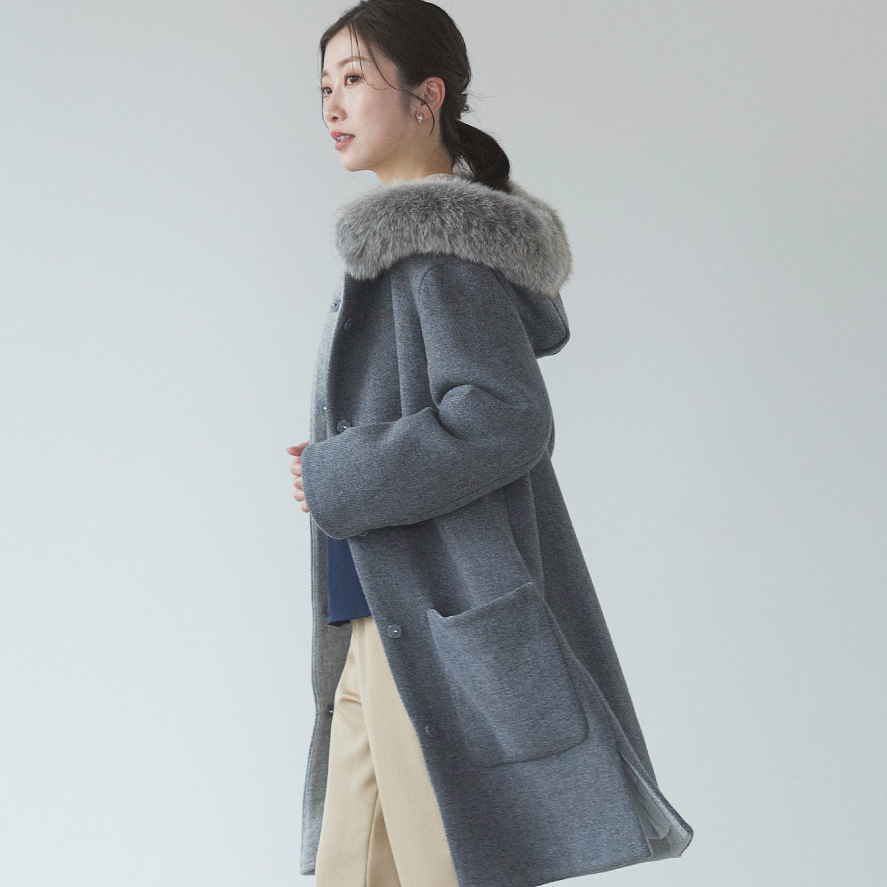 サンキョウショウカイ 三京商会 日本製 ロングコート タスマニアリバーウール フォックスファー （グレー） グレー