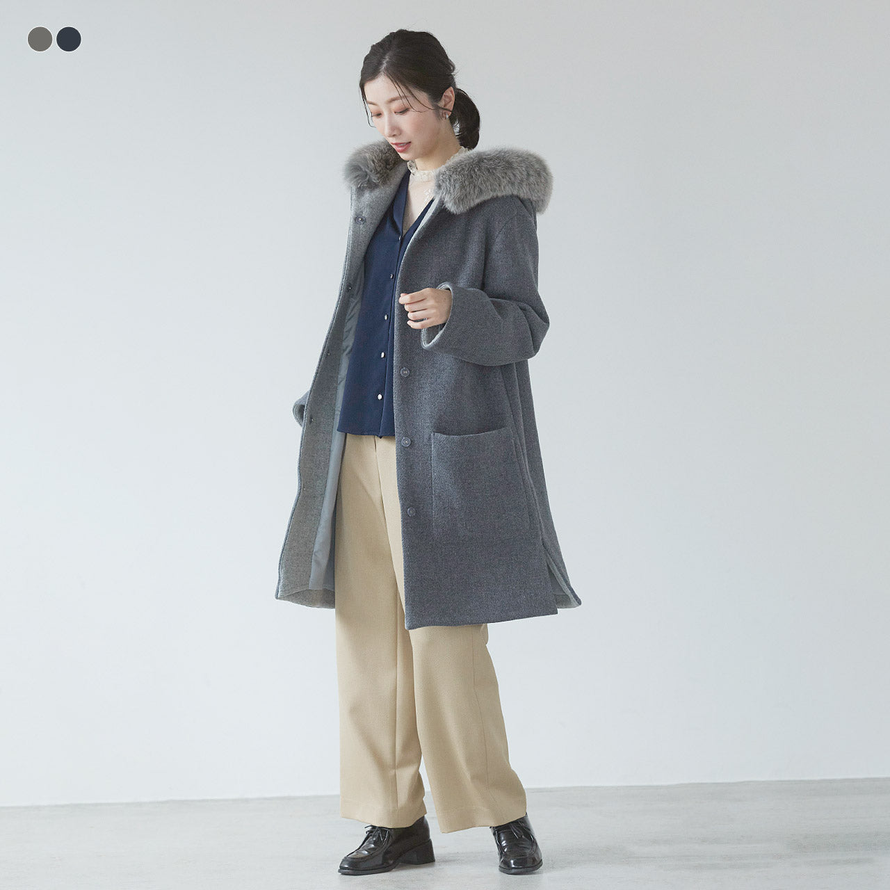 サンキョウショウカイ 三京商会 日本製 ロングコート タスマニアリバーウール フォックスファー （グレー） グレー