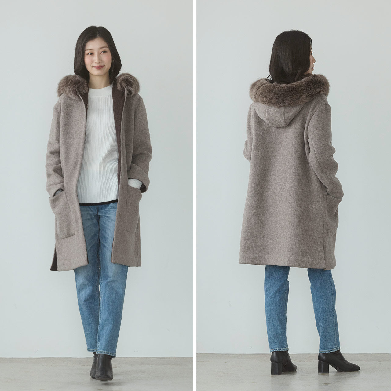 サンキョウショウカイ 三京商会 日本製 ロングコート タスマニアリバーウール フォックスファー （グレー） グレー