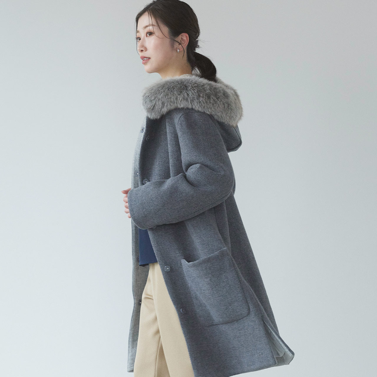 サンキョウショウカイ 三京商会 日本製 ロングコート タスマニアリバーウール フォックスファー （グレー） グレー