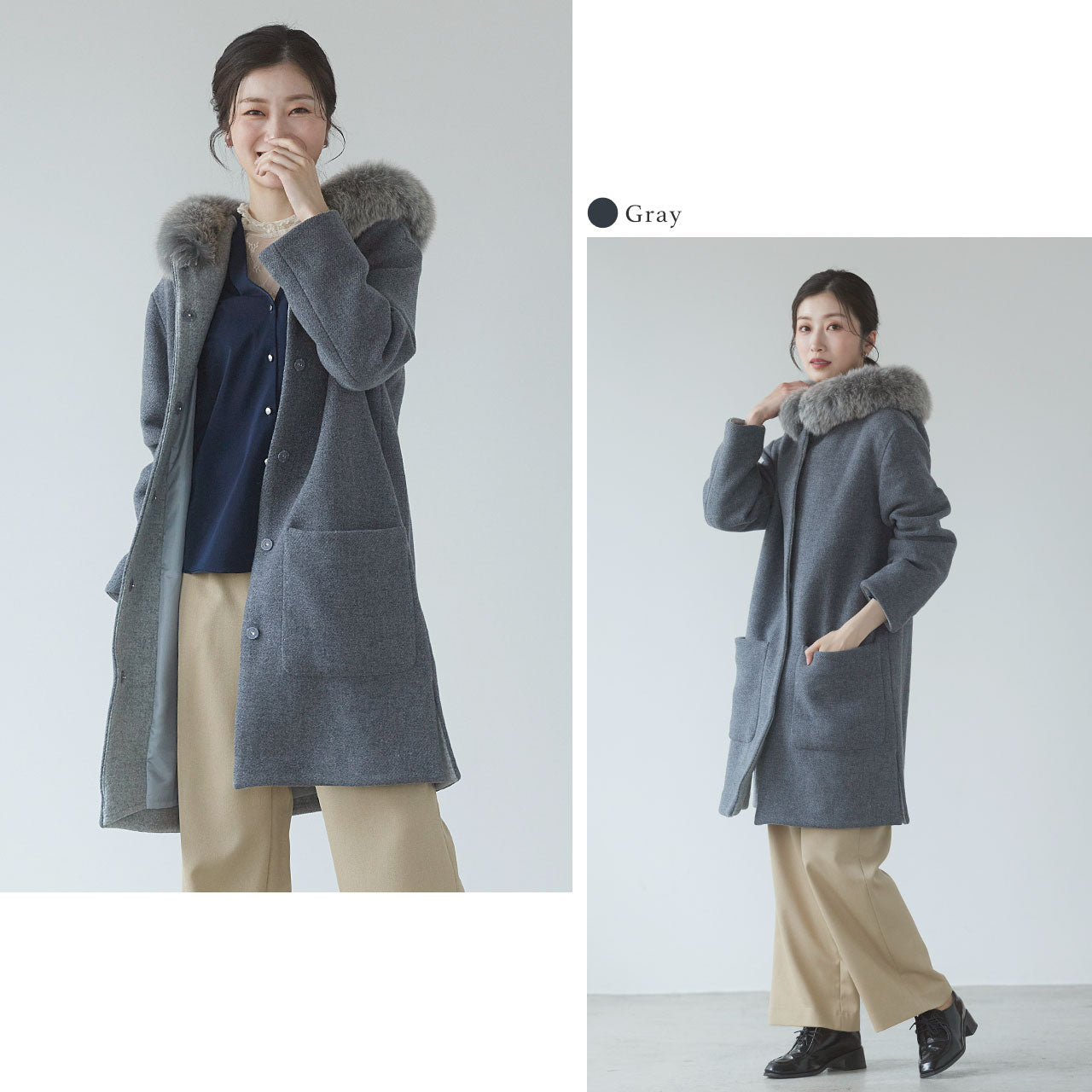 サンキョウショウカイ 三京商会 日本製 ロングコート タスマニアリバーウール フォックスファー （グレー） グレー