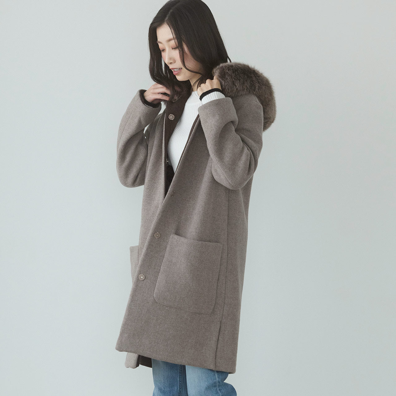 サンキョウショウカイ 三京商会 日本製 ロングコート タスマニアリバーウール フォックスファー （モカ） モカ