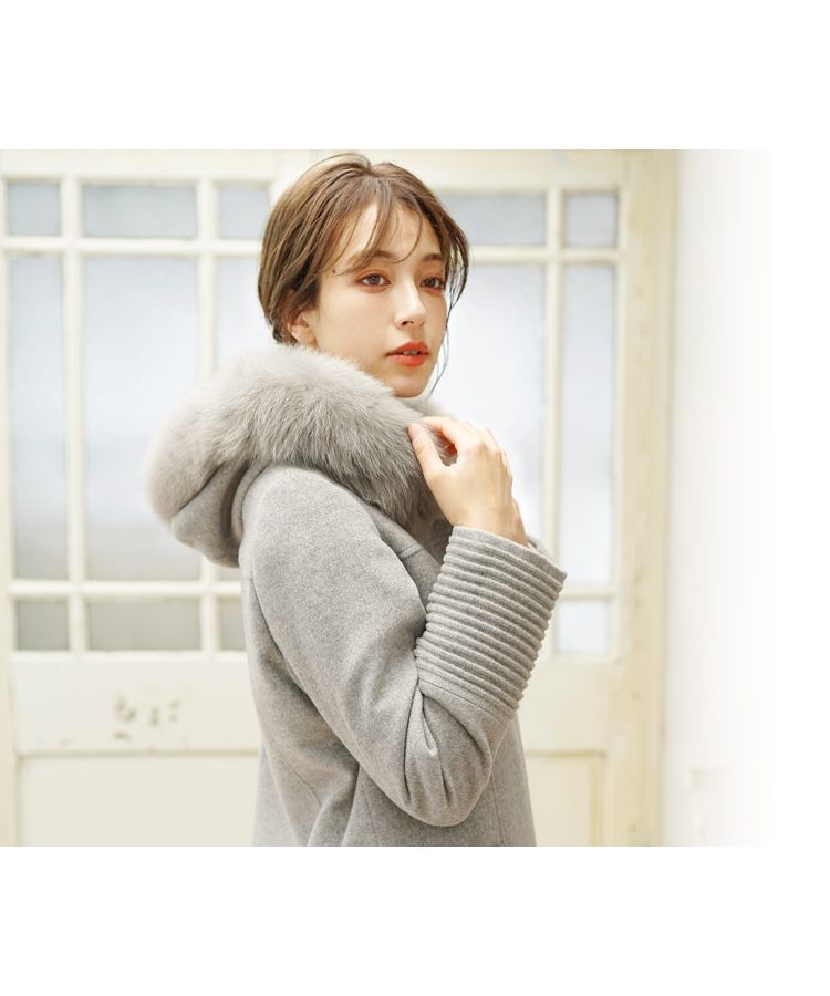 サンキョウショウカイ 三京商会 カシミヤブレンドロングコートフォックスファー付き （ライトベージュ） ライトベージュ