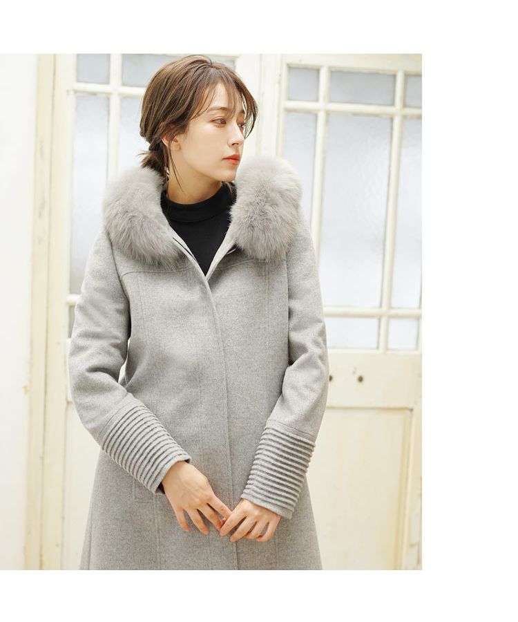 サンキョウショウカイ 三京商会 カシミヤブレンドロングコートフォックスファー付き （ライトベージュ） ライトベージュ