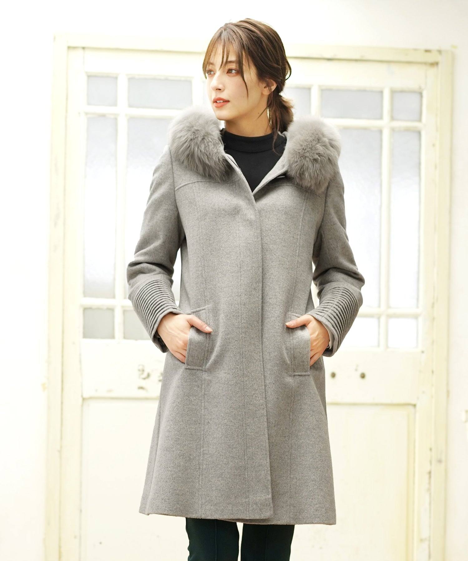 サンキョウショウカイ 三京商会 カシミヤブレンドロングコートフォックスファー付き （ライトグレー） ライトグレー