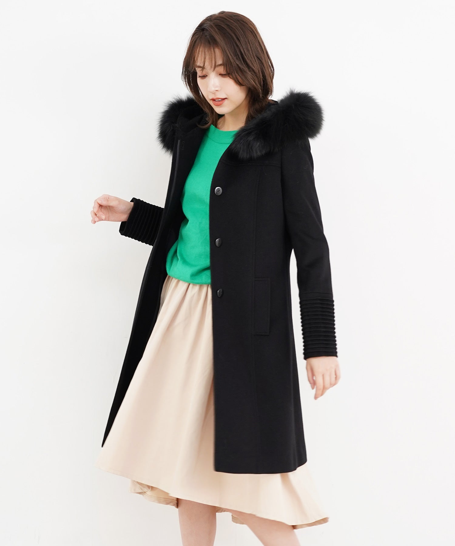 サンキョウショウカイ 三京商会 カシミヤブレンドロングコートフォックスファー付き,ブラック