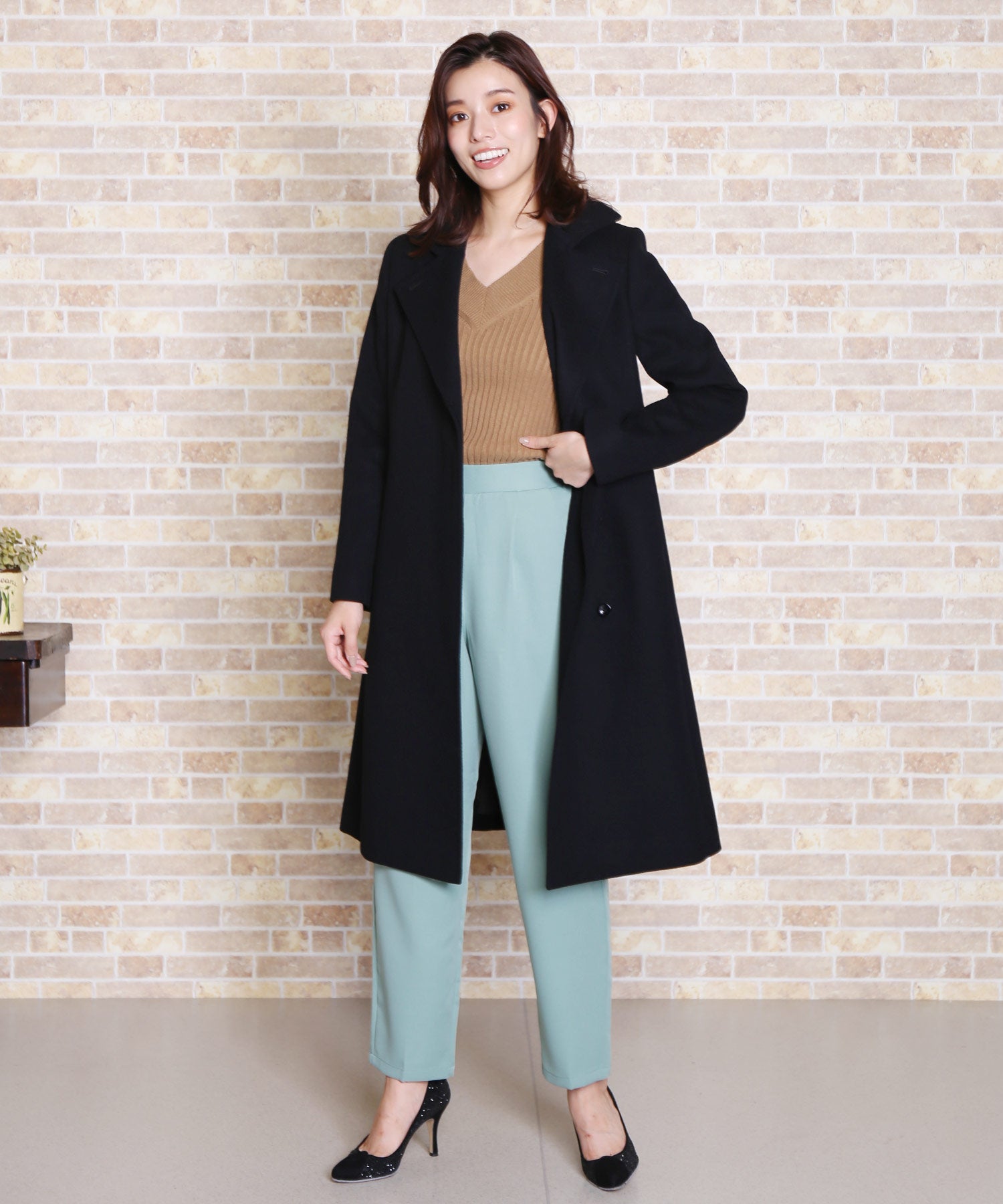 サンキョウショウカイ 三京商会 カシミヤブレンドウールコートテーラードカラー,ブラック