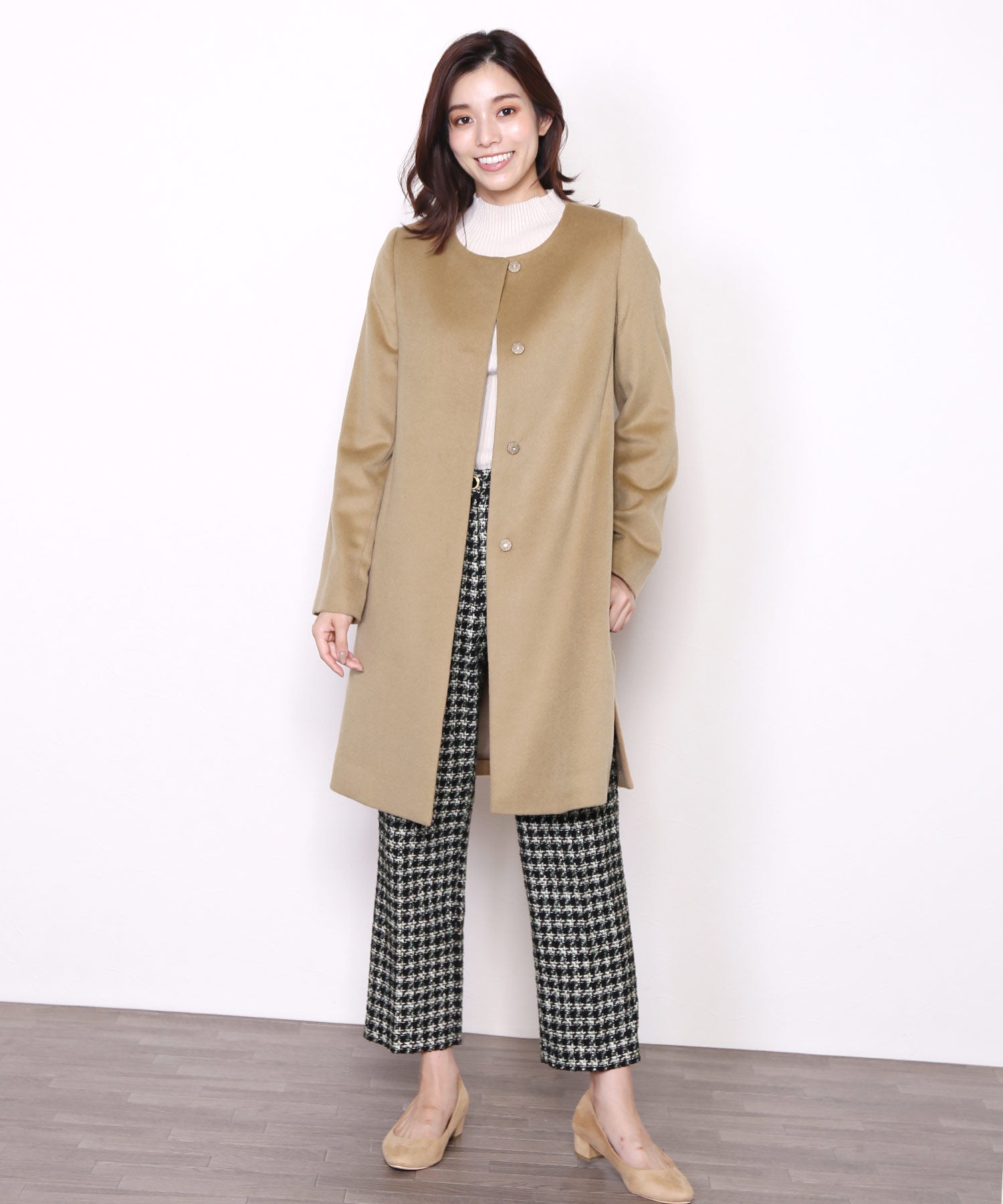 サンキョウショウカイ 三京商会 カシミヤブレンドウールコートノーカラー,キャメル