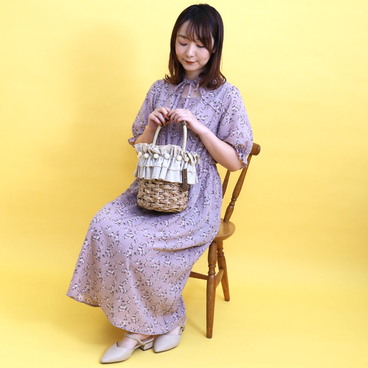 サミールナスリ SMIR NASLI フリル×パールバケツ型カゴバッグ