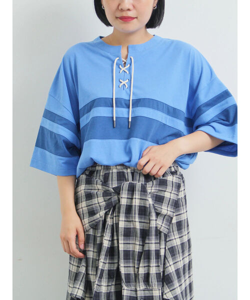 エスエムツー SM2 [接触冷感]編み上げラインTシャツ （ブルー） ブルー