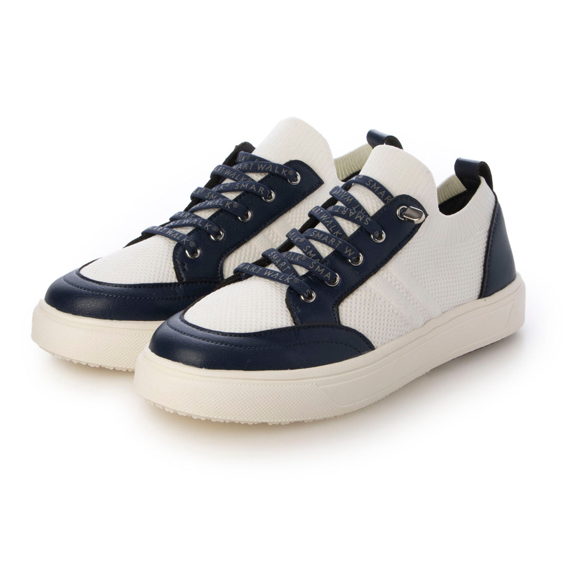 スマートウォーク SMARTWALK ゴムレースニットコンビカジュアルスニーカー （ホワイトコンビネービー） ホワイトコンビネービー