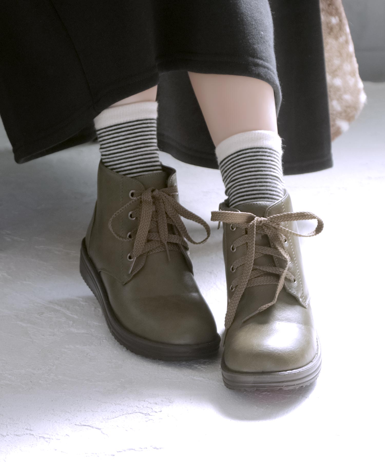 ソロット SOROTTO 【軽量】厚底レースアップショートブーツ/ローヒール （カーキ） カーキ