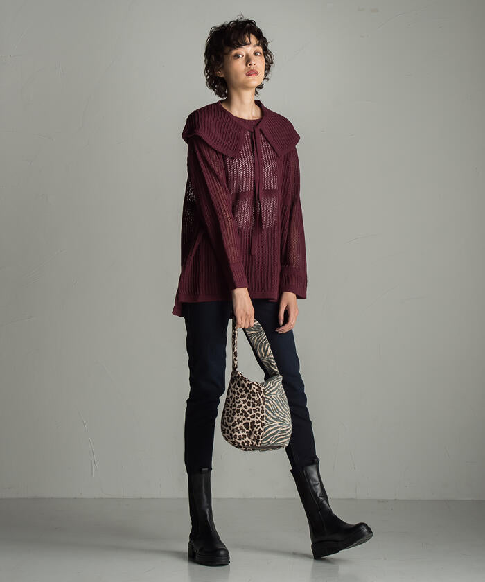 Socolla 【socolla】 2WAY Attached Collar Mesh Knit
