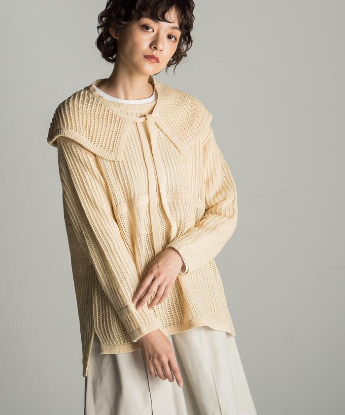 Socolla 【socolla】 2WAY Attached Collar Mesh Knit