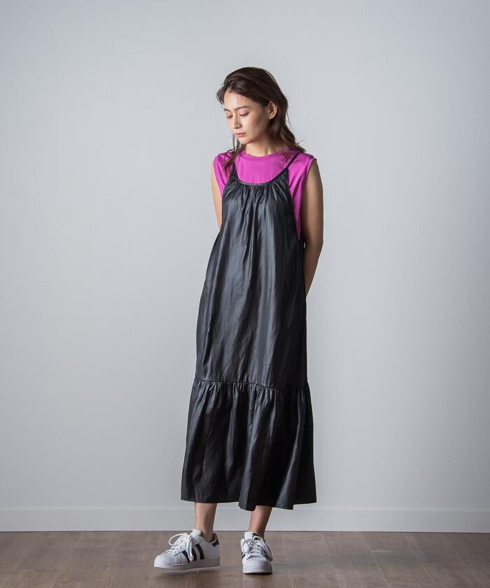 Socolla 【socolla】 Airy Leather Frilled Camisole Dress