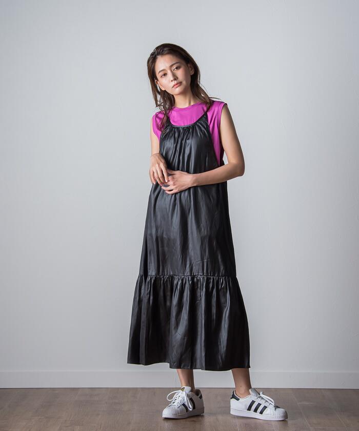 Socolla 【socolla】 Airy Leather Frilled Camisole Dress