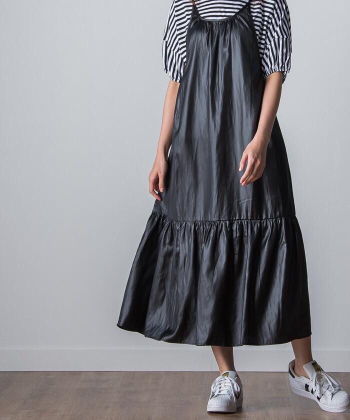 Socolla 【socolla】 Airy Leather Frilled Camisole Dress