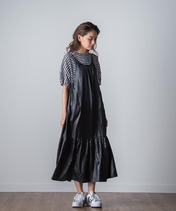 Socolla 【socolla】 Airy Leather Frilled Camisole Dress