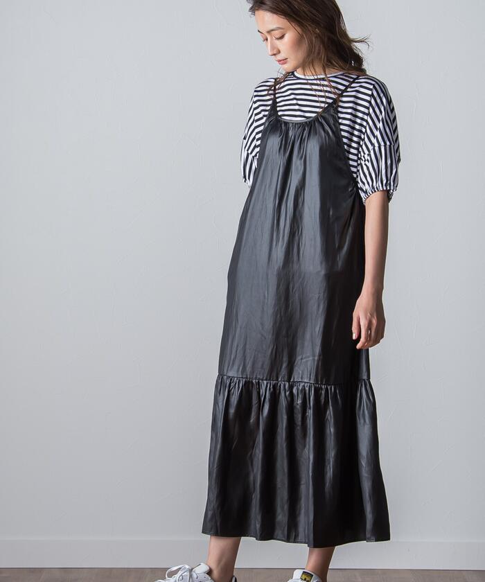 Socolla 【socolla】 Airy Leather Frilled Camisole Dress