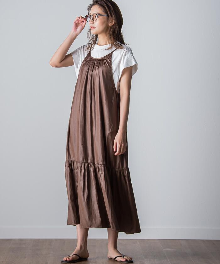 Socolla 【socolla】 Airy Leather Frilled Camisole Dress