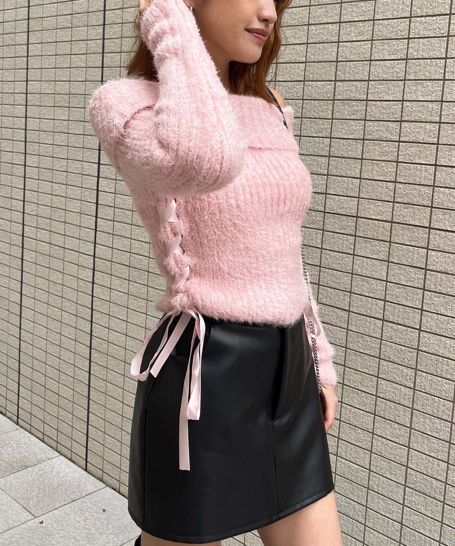 スパイラルガール SPIRALGIRL サテンリボンレースアップオフショルラメニット （ピンク） ピンク