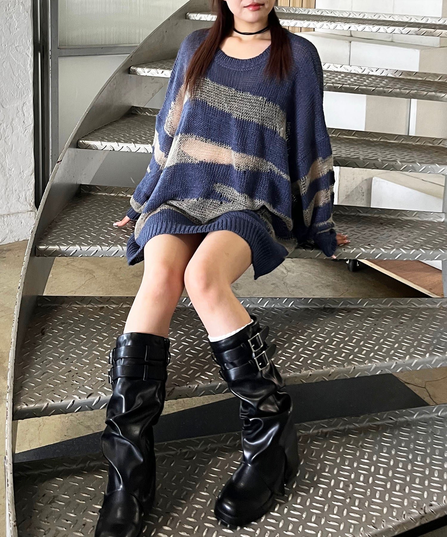スパイラルガール SPIRALGIRL ゼブラ柄透かし編みニット （ブルー） ブルー