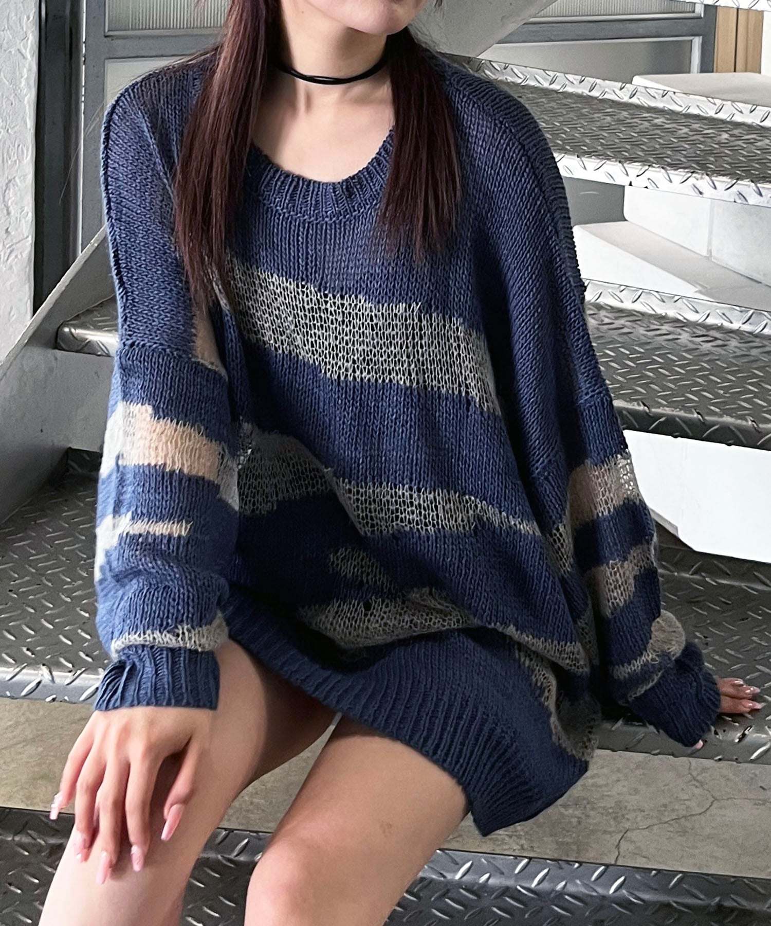 スパイラルガール SPIRALGIRL ゼブラ柄透かし編みニット （ブルー） ブルー