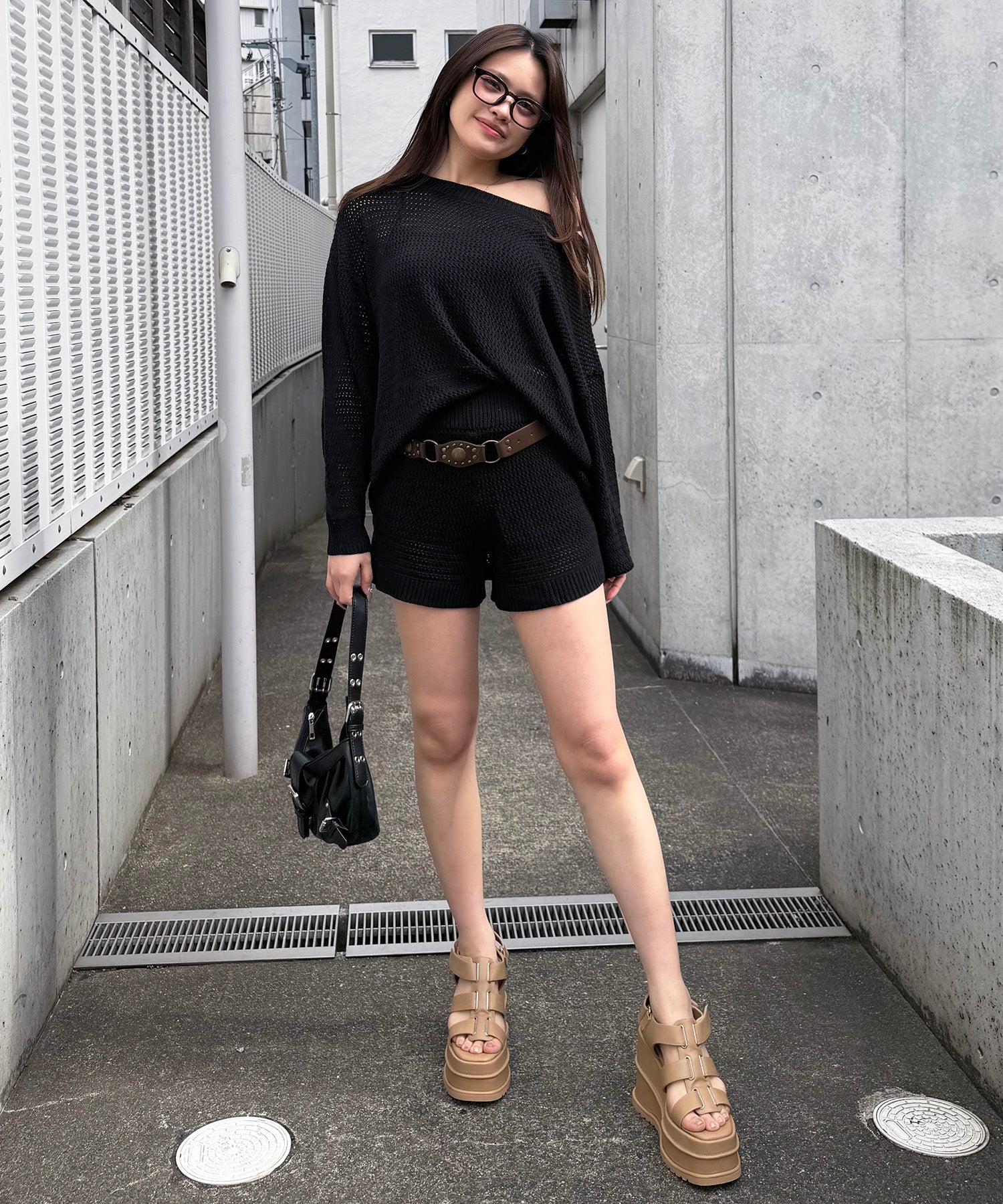 スパイラルガール SPIRALGIRL ボーダーオフショルトップス×ショートパンツ （ブラック） ブラック