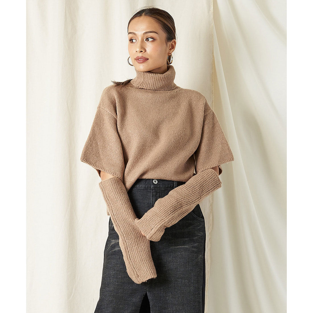 スパイラルガール SPIRALGIRL 2wayタートルネックハーフスリーブニット,ベージュ