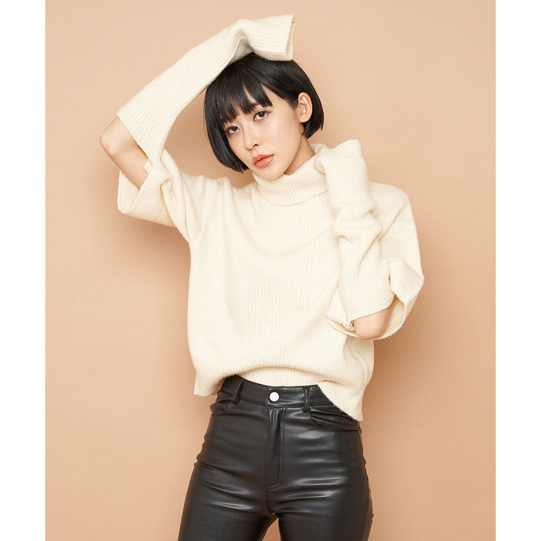 スパイラルガール SPIRALGIRL 2wayタートルネックハーフスリーブニット,オフホワイト