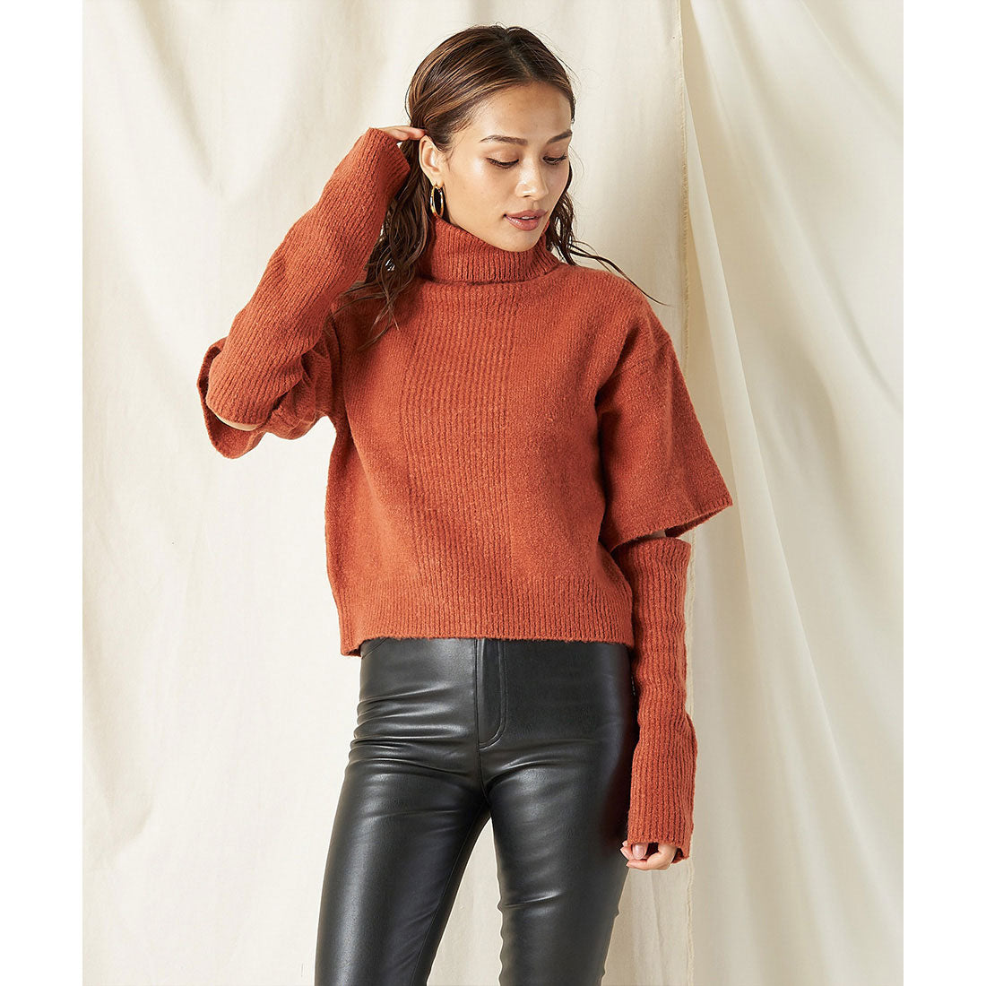 スパイラルガール SPIRALGIRL 2wayタートルネックハーフスリーブニット,オレンジ