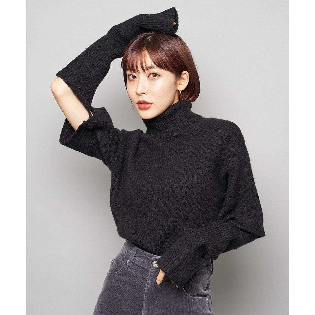 スパイラルガール SPIRALGIRL 2wayタートルネックハーフスリーブニット,ブラック