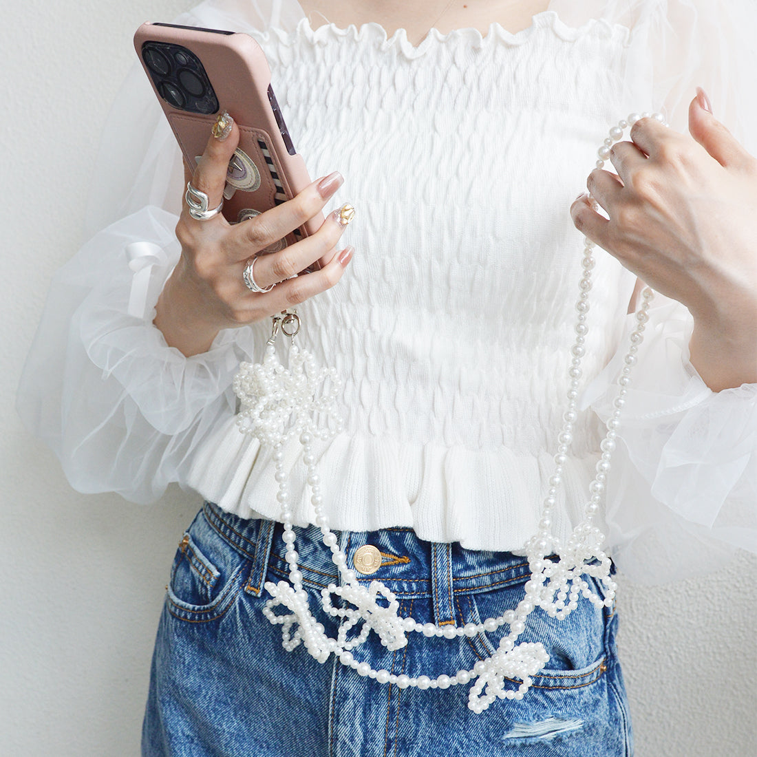 スタイロ styiro お花ビーズスマホショルダーストラップ,パール