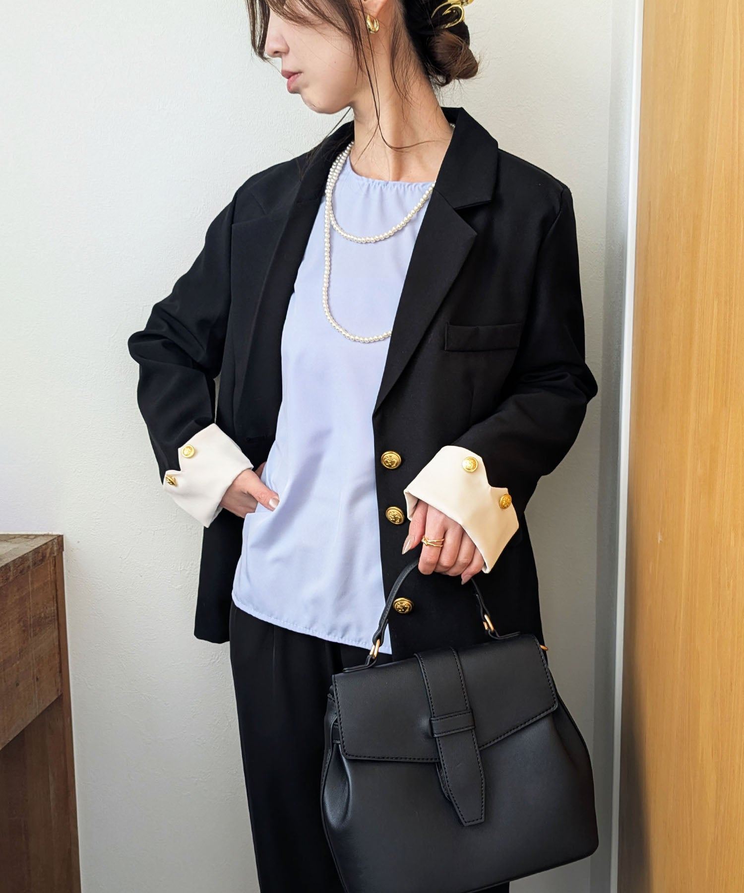 スタイロ styiro ボリューム袖ラウンドネックパフスリーブシャツ （ブルー） ブルー