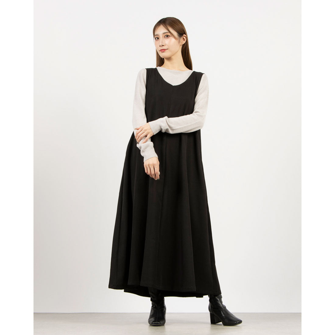 スタイルブロック STYLEBLOCK ツイルレイヤードフレアワンピース,ブラック