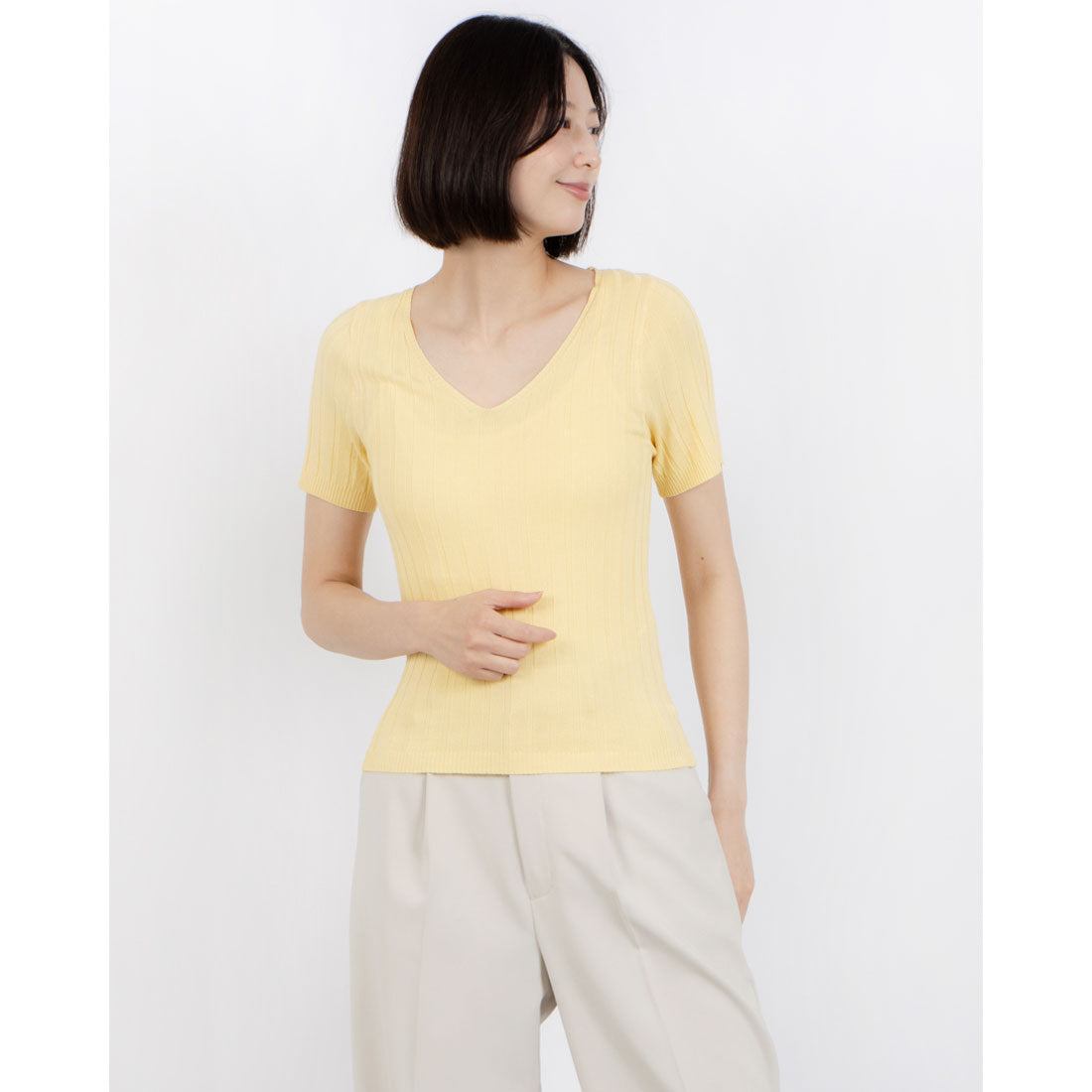 スタイルブロック STYLEBLOCK Vネック半袖リブニット （イエロー） イエロー
