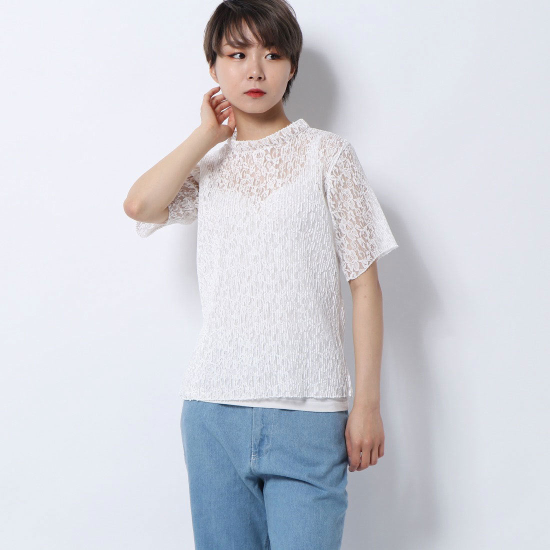 スタイルブロック STYLEBLOCK ラッセルレースプリーツ半袖トップス