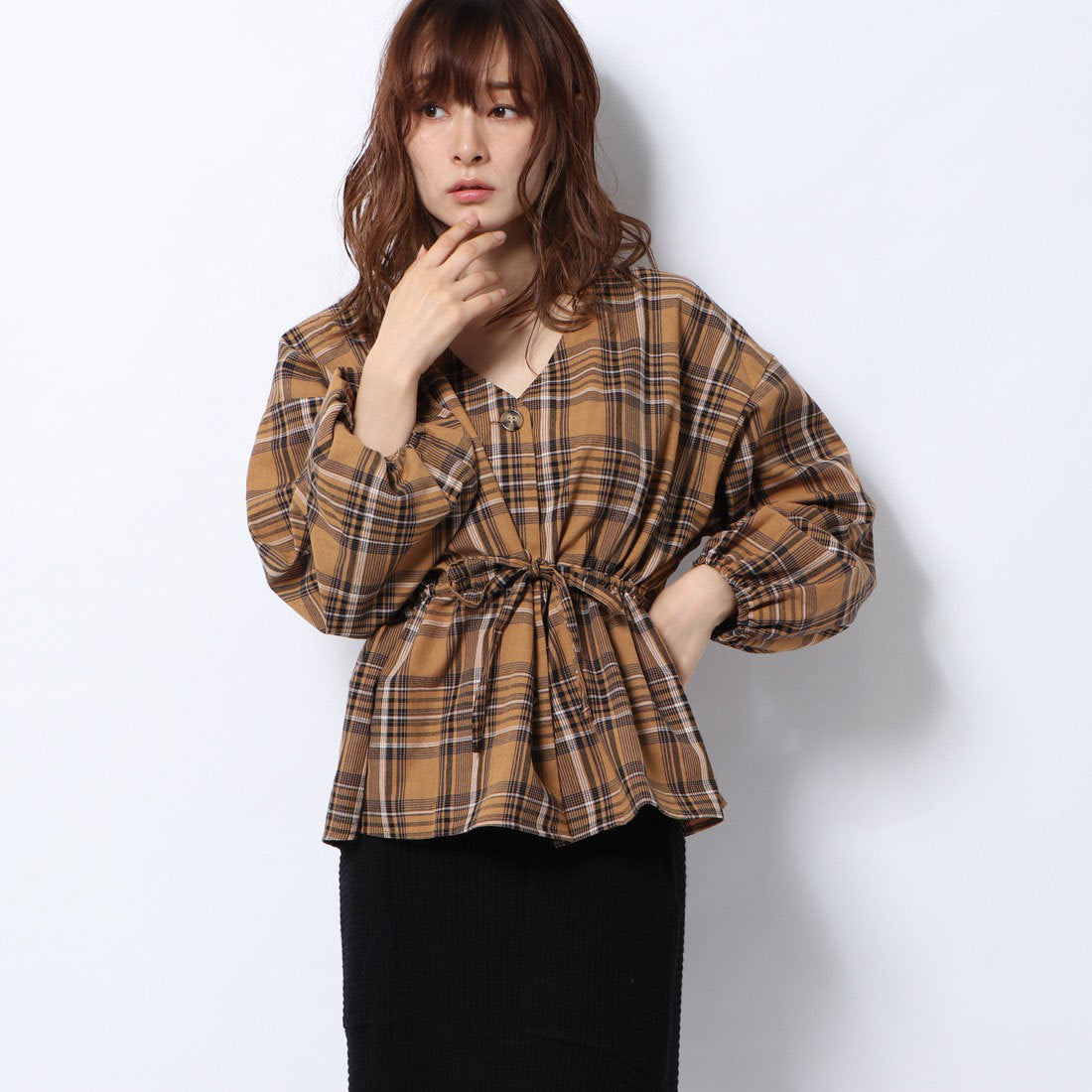 スタイルブロック STYLEBLOCK チェック柄Vネックドロストブラウス