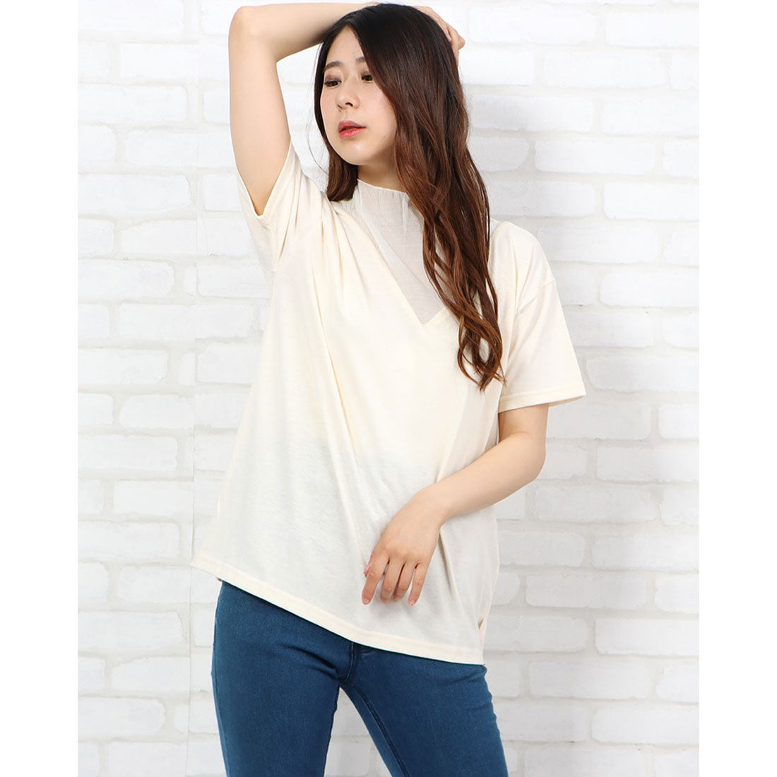 スタイルブロック STYLEBLOCK 天竺×シアーポプリン切替Tシャツ,アイボリー