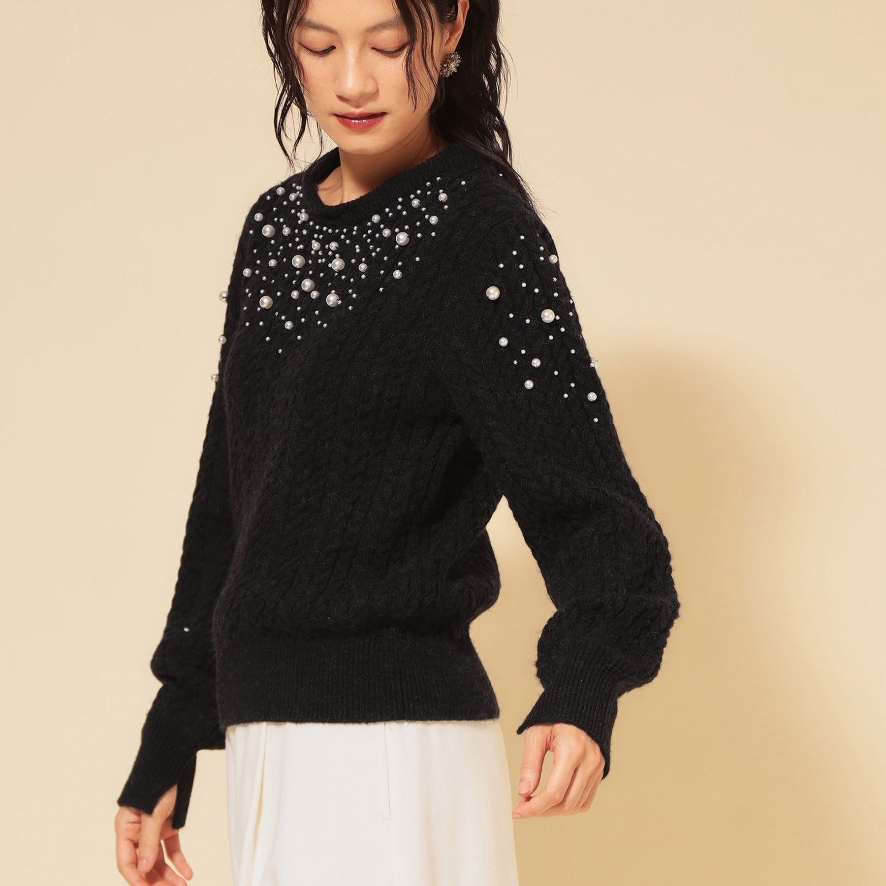 スーナウーナ SunaUna 【COLLECTION LINE】衿付きパール調ニット （ブラック(019)） ブラック(019)