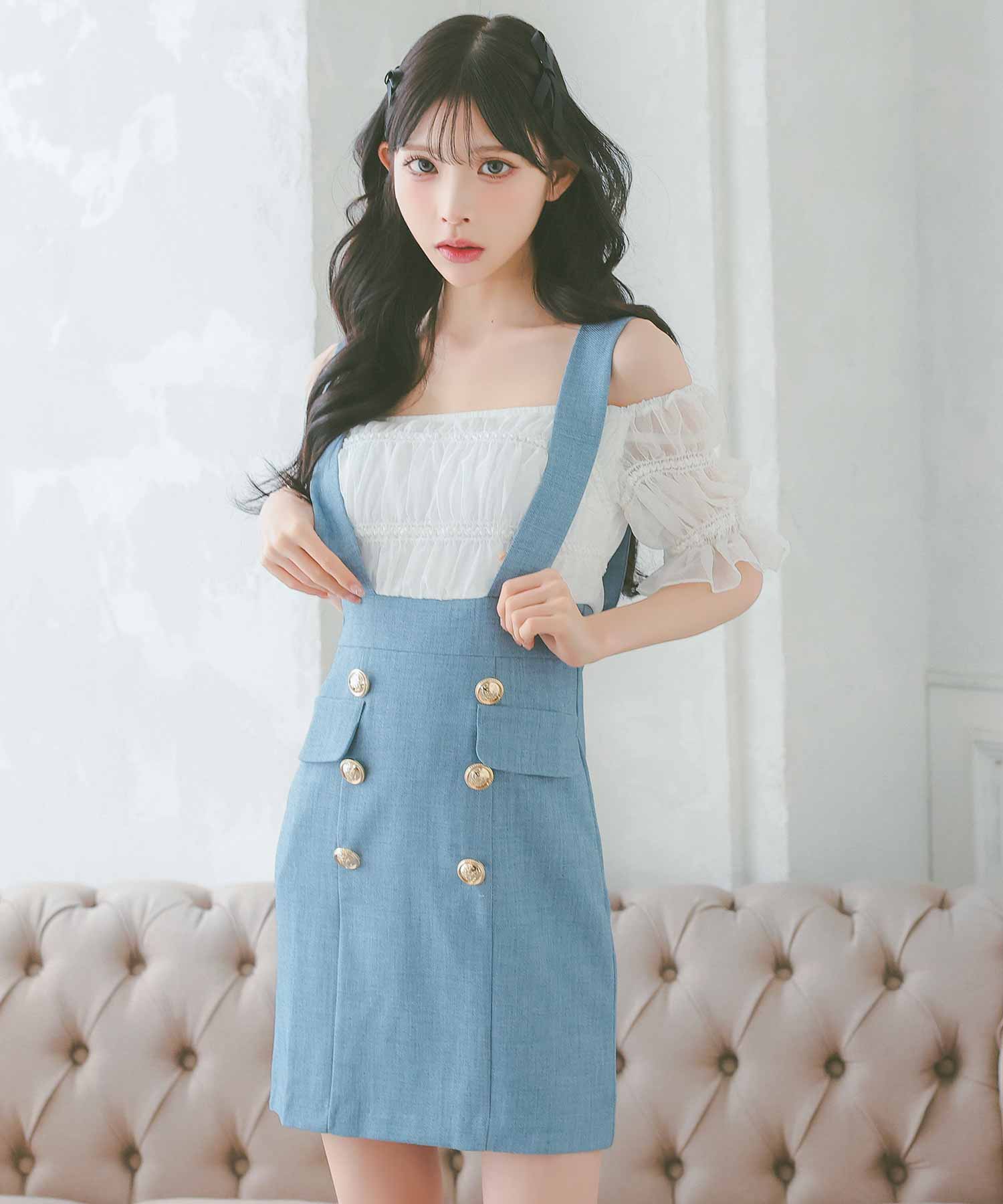 ティカ Tika 肩あきギャザーサロペット風ガーリースタイルタイトミニドレス 韓国 ワンピース （ホワイト×ブルー） ホワイト×ブルー