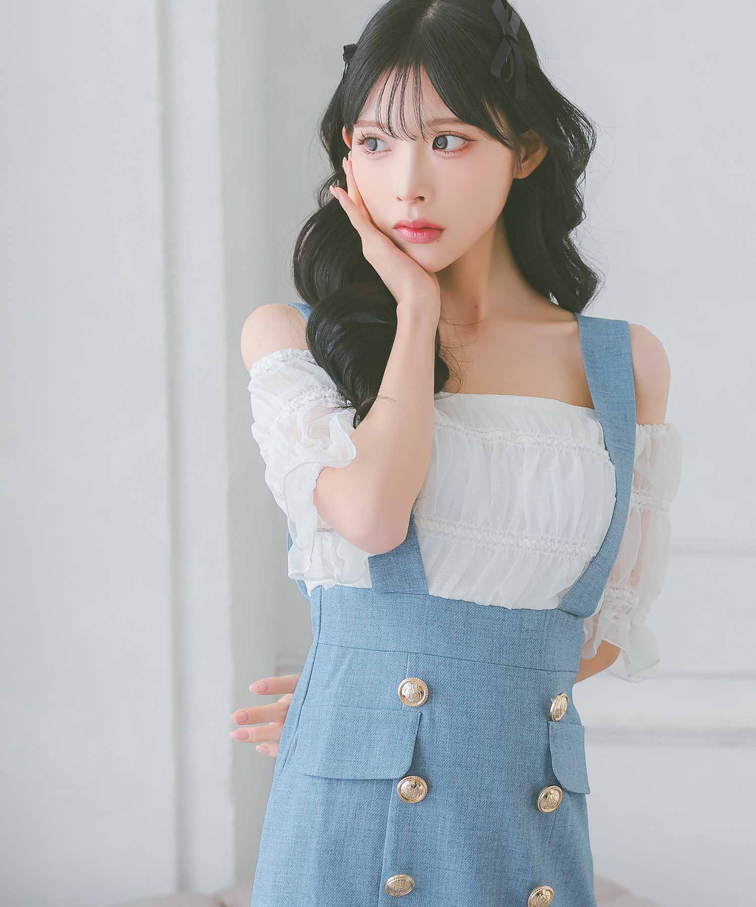 ティカ Tika 肩あきギャザーサロペット風ガーリースタイルタイトミニドレス 韓国 ワンピース （ホワイト×ブルー） ホワイト×ブルー