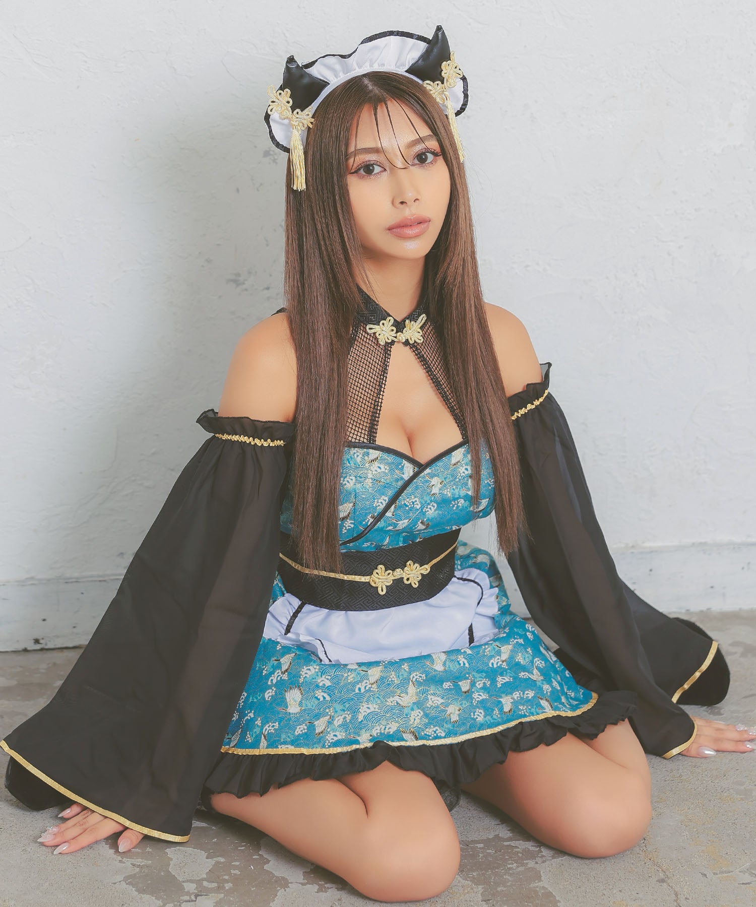 ティカ Tika ハロウィン  付け袖ありフレアスカート個性アニマル鬼和装メイド [4点セット] 【返品不可商品】,ブルー